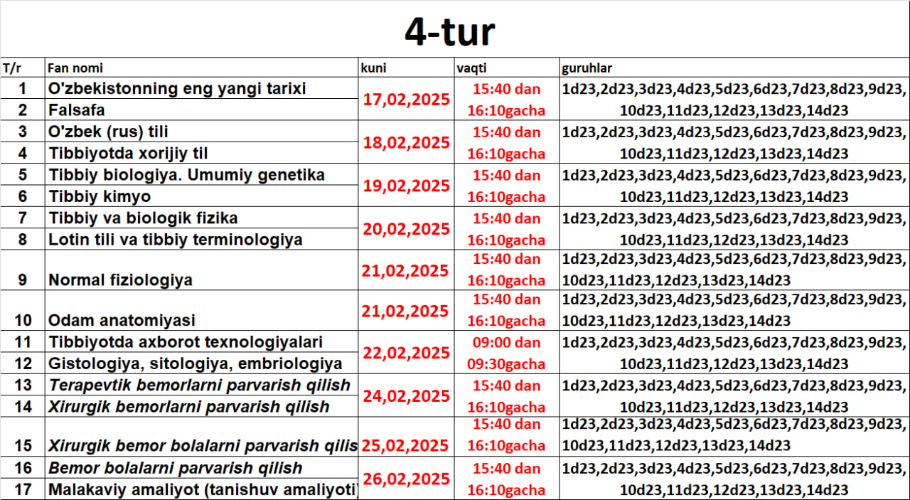 4-tur test kunlari