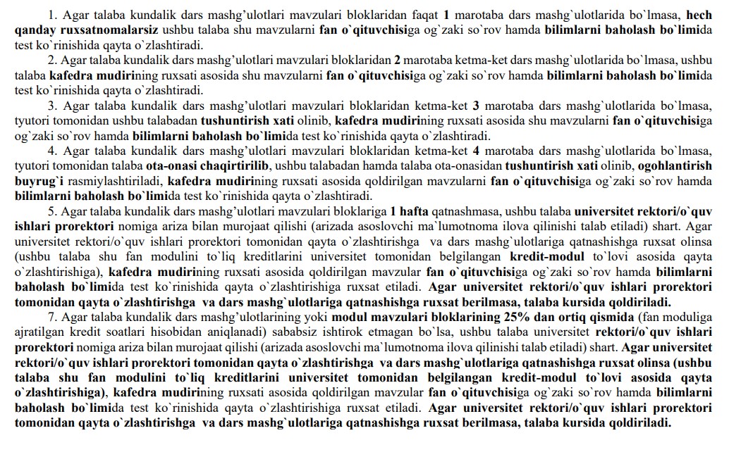Qoldirilgan darslarni qayta o`zlashtirish tartibi (NB/DB lar tartibi)