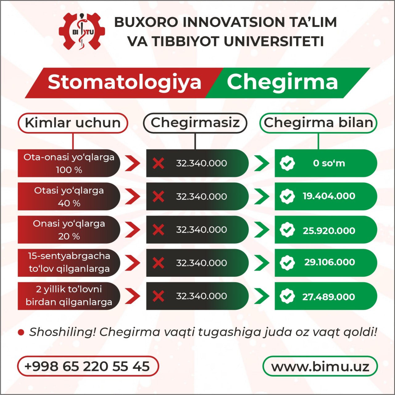 Ta'sischi tomonidan boquvchisini yo'qotgan  talabalarga  chegirma 